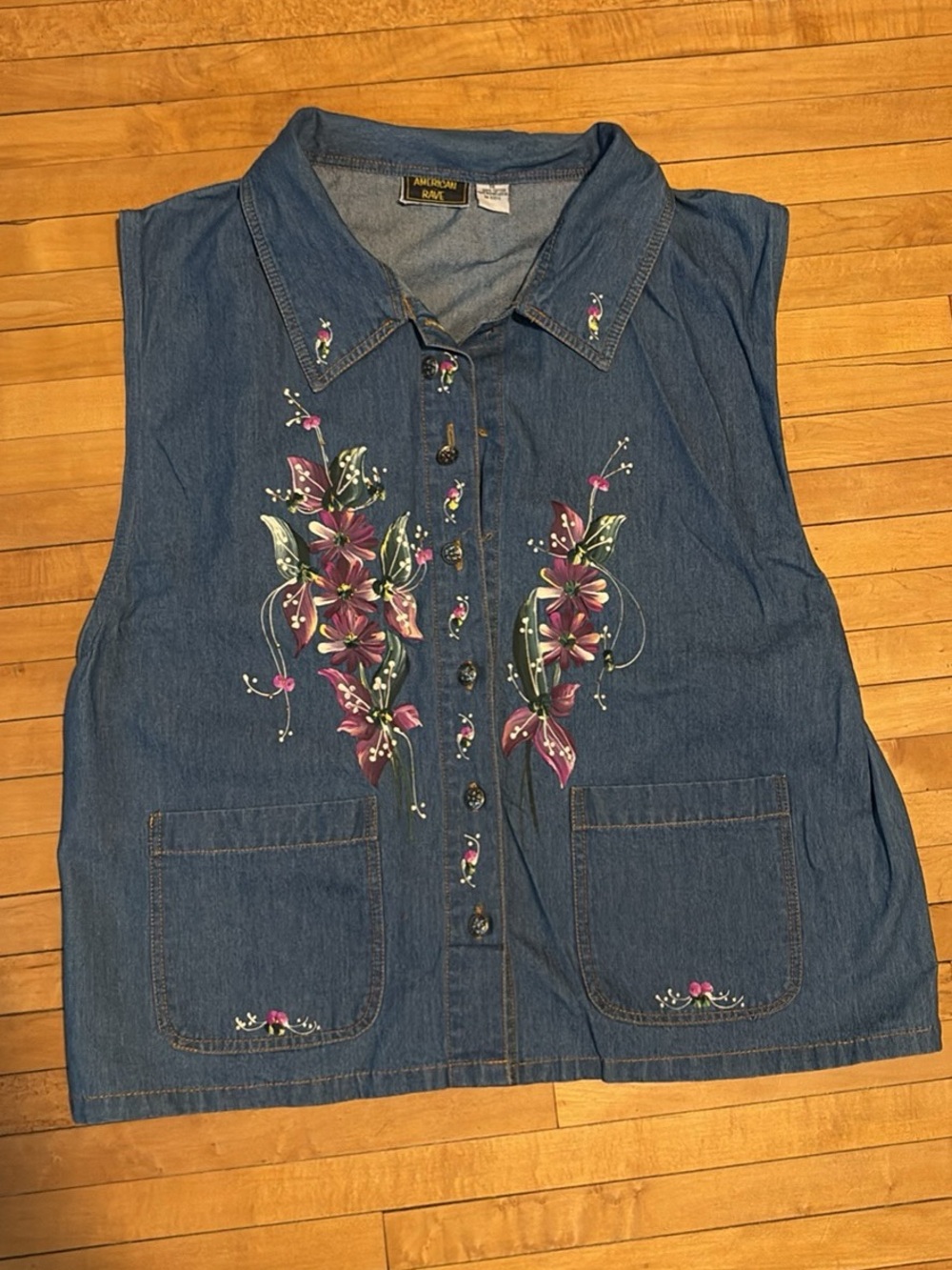 rave Denim Button-Down Vest with Purple Floral Embroidery